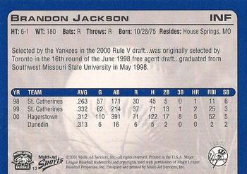 2001 Multi-Ad Tampa Yankees #13 Brandon Jackson Back