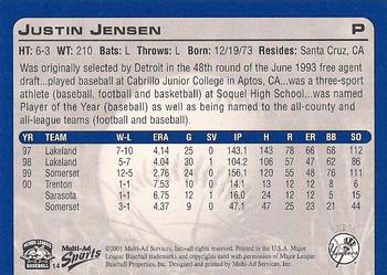 2001 Multi-Ad Tampa Yankees #14 Justin Jensen Back