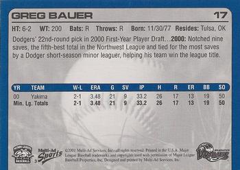 2001 Multi-Ad Wilmington Waves #3 Greg Bauer Back