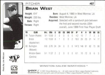 2001 Choice Winston-Salem Warthogs #07 Brian West Back