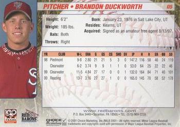 2001 Choice Scranton/Wilkes-Barre Red Barons #05 Brandon Duckworth Back