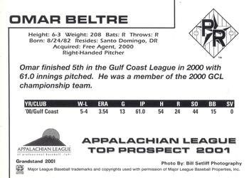 2001 Grandstand Appalachian League Top Prospects #NNO Omar Beltre Back