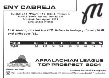 2001 Grandstand Appalachian League Top Prospects #NNO Eny Cabreja Back
