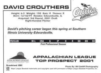 2001 Grandstand Appalachian League Top Prospects #NNO David Crouthers Back