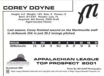 2001 Grandstand Appalachian League Top Prospects #NNO Cory Doyne Back