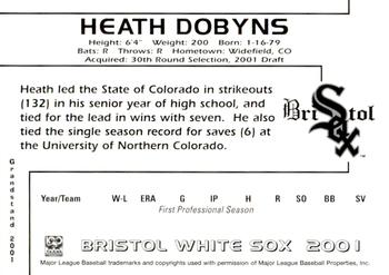 2001 Grandstand Bristol White Sox #NNO Heath Dobyns Back