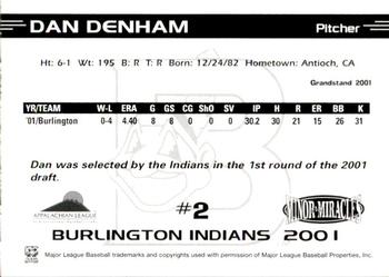 2001 Grandstand Burlington Indians #2 Dan Denham Back