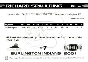 2001 Grandstand Burlington Indians #7 Richard Spaulding Back