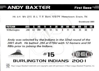 2001 Grandstand Burlington Indians #15 Andy Baxter Back