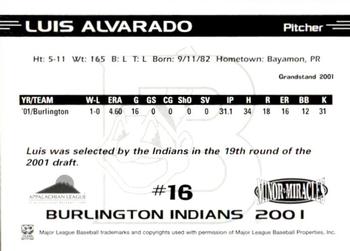 2001 Grandstand Burlington Indians #16 Luis Alvarado Back