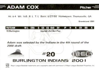 2001 Grandstand Burlington Indians #20 Adam Cox Back