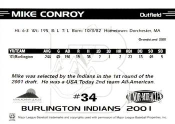 2001 Grandstand Burlington Indians #34 Mike Conroy Back