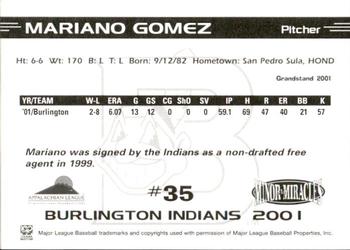2001 Grandstand Burlington Indians #35 Mariano Gomez Back