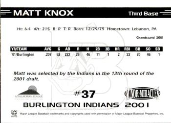 2001 Grandstand Burlington Indians #37 Matt Knox Back