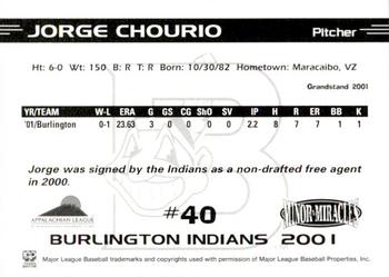 2001 Grandstand Burlington Indians #40 Jorge Chourio Back