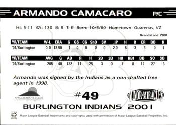 2001 Grandstand Burlington Indians #49 Armando Camacaro Back