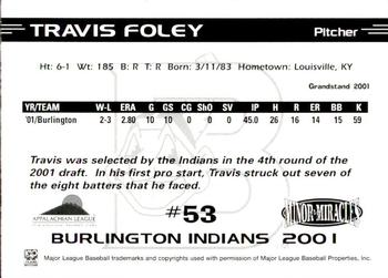 2001 Grandstand Burlington Indians #53 Travis Foley Back