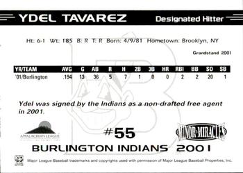 2001 Grandstand Burlington Indians #55 Ydel Tavarez Back