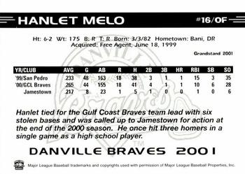 2001 Grandstand Danville Braves #NNO Hanlet Melo Back