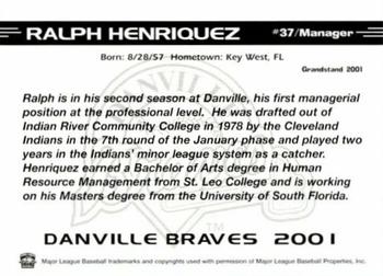 2001 Grandstand Danville Braves #NNO Ralph Henriquez Back