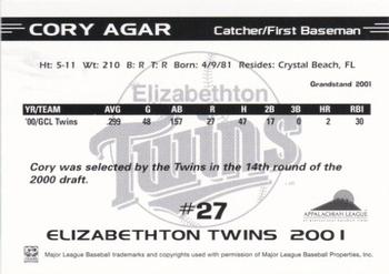 2001 Grandstand Elizabethton Twins #NNO Cory Agar Back