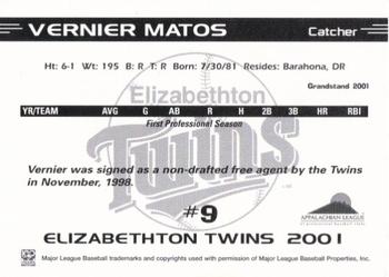 2001 Grandstand Elizabethton Twins #NNO Vernier Matos Back