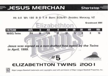 2001 Grandstand Elizabethton Twins #NNO Jesus Merchan Back