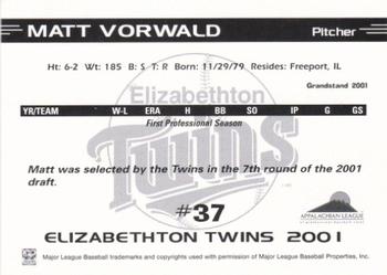 2001 Grandstand Elizabethton Twins #NNO Matt Vorwald Back
