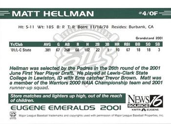 2001 Grandstand Eugene Emeralds #NNO Matt Hellman Back