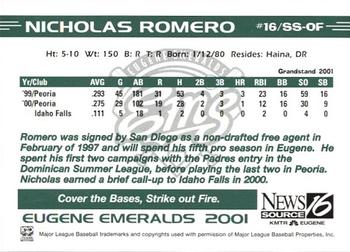 2001 Grandstand Eugene Emeralds #NNO Nicholas Romero Back