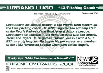 2001 Grandstand Eugene Emeralds #NNO Urbano Lugo Back