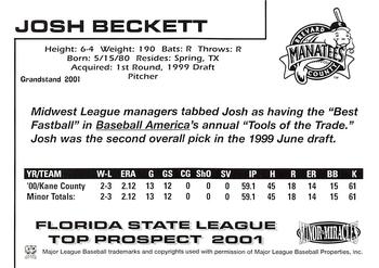 2001 Grandstand Florida State League Top Prospects #NNO Josh Beckett Back