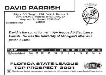 2001 Grandstand Florida State League Top Prospects #NNO David Parrish Back