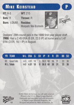 2001 Grandstand Great Falls Dodgers #13 Mike Keirstead Back