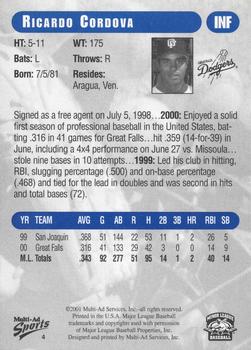 2001 Grandstand Great Falls Dodgers #4 Ricardo Cordova Back