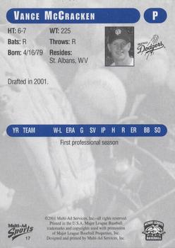 2001 Grandstand Great Falls Dodgers #17 Vance McCracken Back