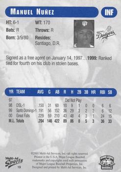 2001 Grandstand Great Falls Dodgers #19 Manuel Nunez Back