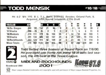 2001 Grandstand Midland RockHounds #10 Todd Mensik Back