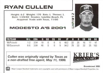 2001 Grandstand Modesto A's #12 Ryan Cullen Back