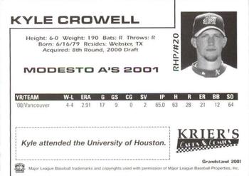 2001 Grandstand Modesto A's #20 Kyle Crowell Back