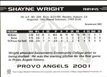 2001 Grandstand Provo Angels #45 Shayne Wright Back