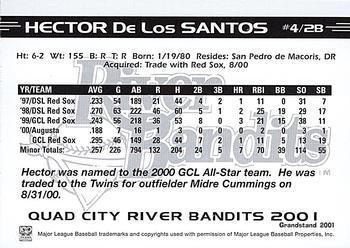 2001 Grandstand Quad City River Bandits #NNO Hector De Los Santos Back