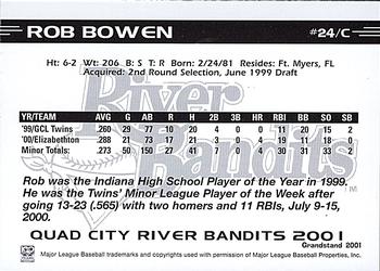 2001 Grandstand Quad City River Bandits #NNO Rob Bowen Back