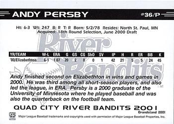 2001 Grandstand Quad City River Bandits #NNO Andy Persby Back
