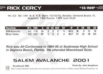 2001 Grandstand Salem Avalanche #NNO Rick Cercy Back