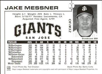 2001 Grandstand San Jose Giants #5 Jake Messner Back