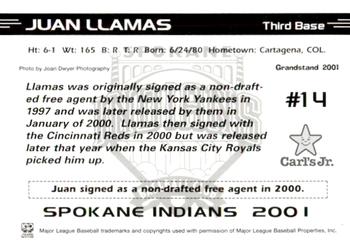 2001 Grandstand Spokane Indians #NNO Juan Llamas Back