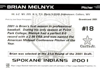 2001 Grandstand Spokane Indians #NNO Brian Melnyk Back