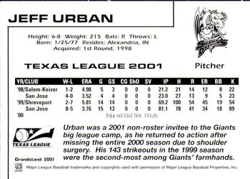 2001 Grandstand Texas League Top Prospects #NNO Jeff Urban Back