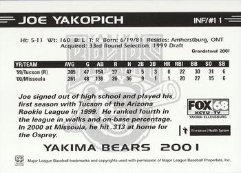 2001 Grandstand Yakima Bears #NNO Joe Yakopich Back
